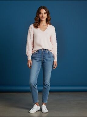 Textured Sleeve, Lightweight, V-neck Sweater, Large